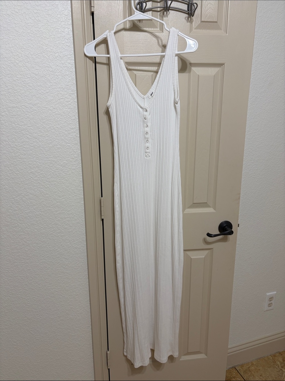 Aerie White Ribbed V-Neck Maxi Dress with Button Detail